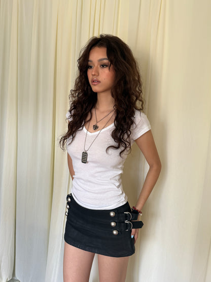 SIVALASY Low Rise Waxed Denim Mini Skirt