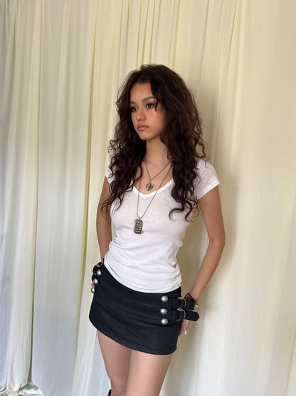 SIVALASY Low Rise Waxed Denim Mini Skirt