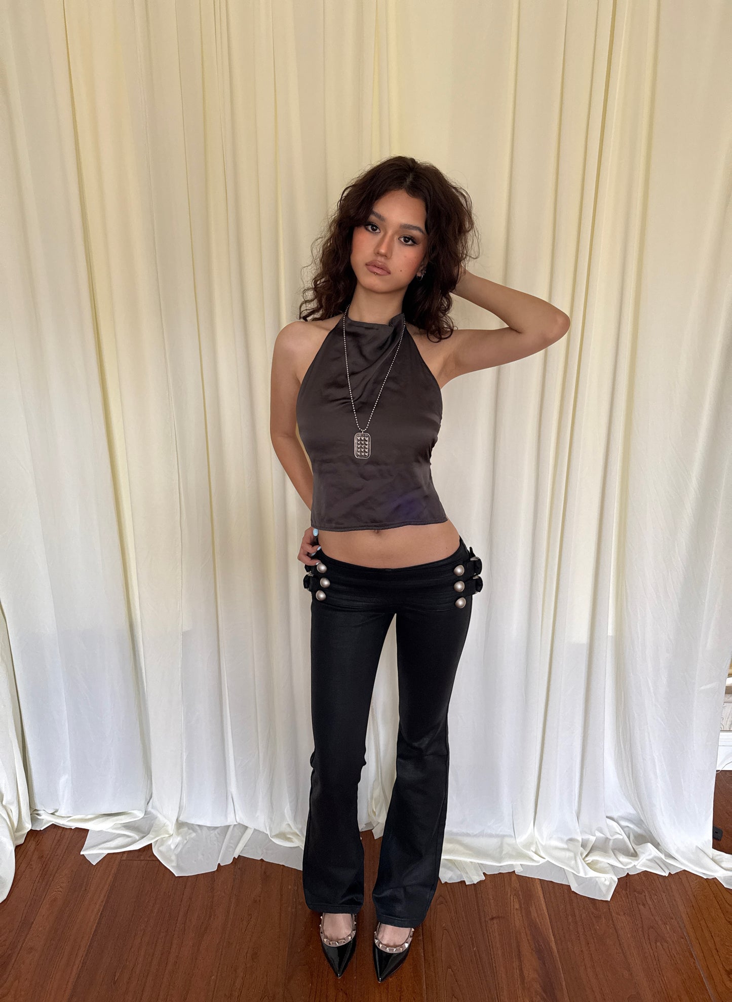 SIVALASY Low Rise Waxed Denim Flare Jeans