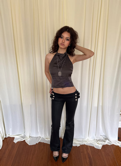 SIVALASY Low Rise Waxed Denim Flare Jeans
