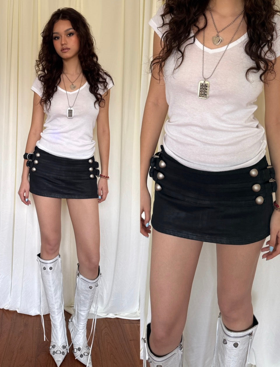 SIVALASY Low Rise Waxed Denim Mini Skirt