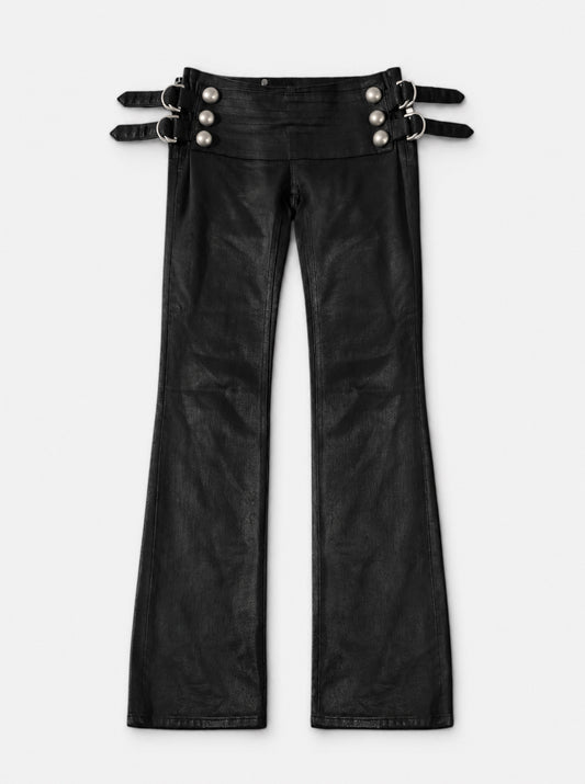 SIVALASY Low Rise Waxed Denim Flare Jeans